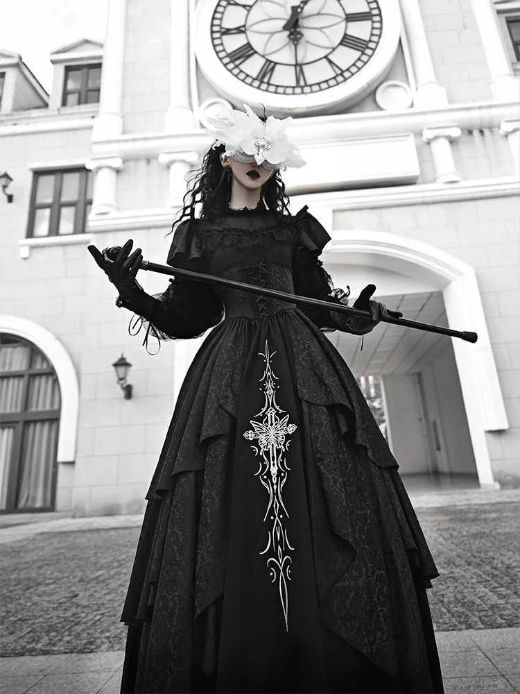 

Letters And Poems Ghost Dark Gothic Style Elegant Long Sleeve Tie Fishbone Embroidery Autumn OP Lolita Duchess