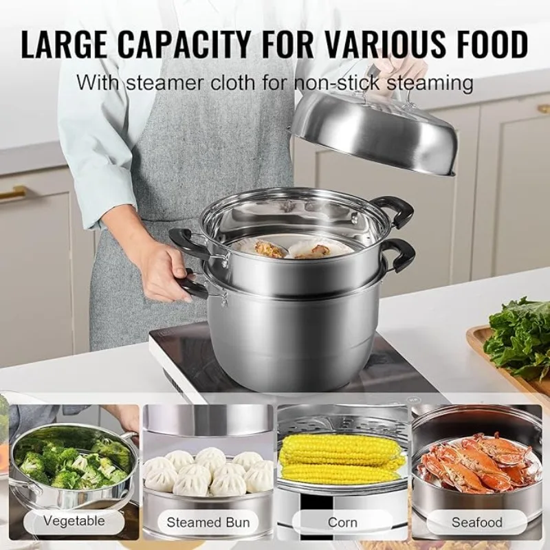 3 Tier Steamer Pot with 8.5QT Stock Pot,Vegetable Steamer & 2 Steaming Tray,Food-Grade 304 Stainless Steel Food Cookware