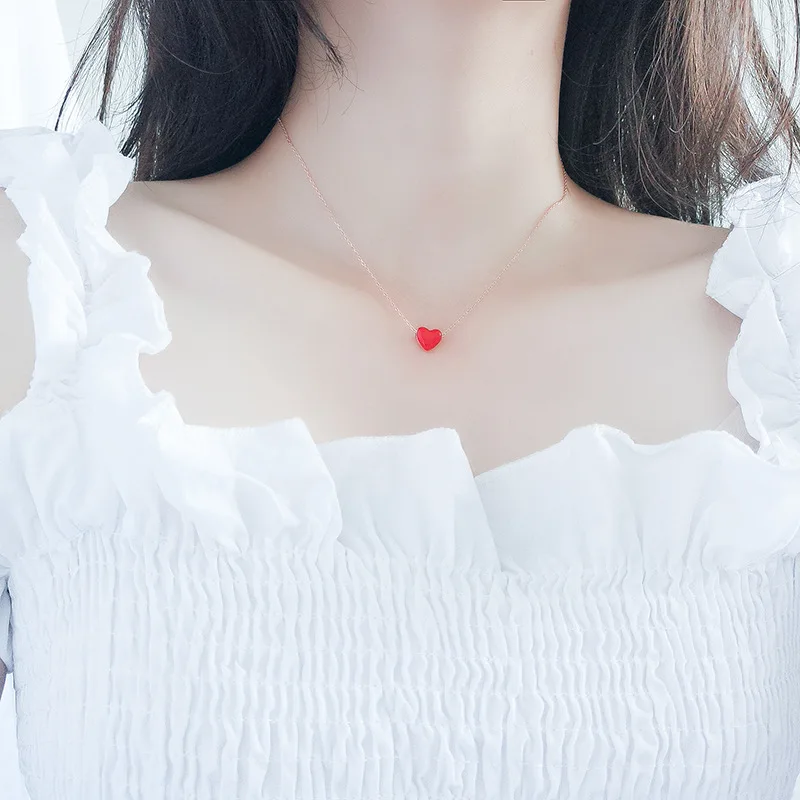 S925 sterling Silver Red Heart Necklace for Women's Jewelry