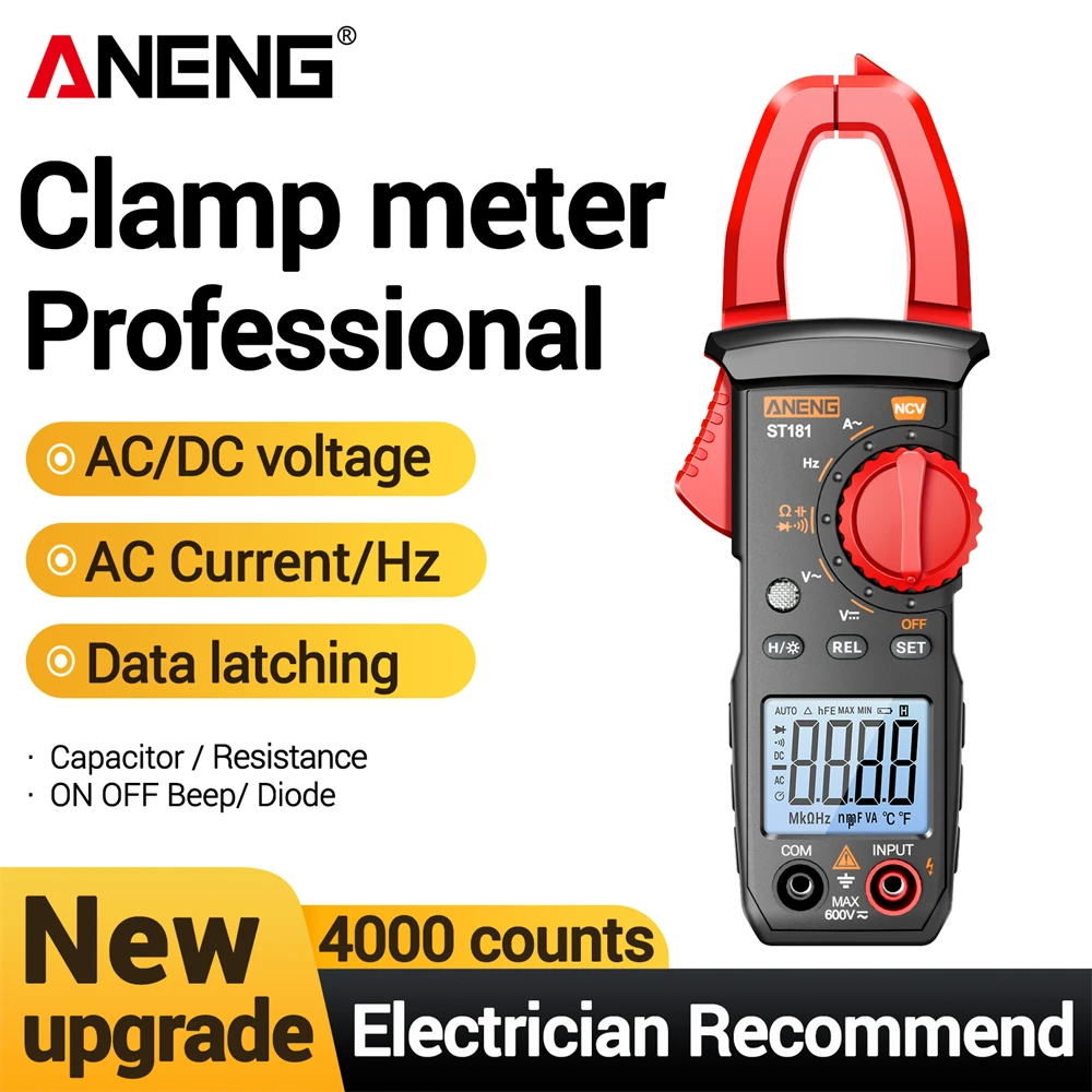 디지털 클램프 멀티미터 ANENG ST181 DC/AC 전압 전류 4000 카운트 멀티미터 자동차 앰프 Hz 저항 커패시턴스 ..