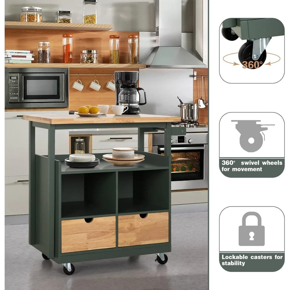 Rolling Kitchen Island on Wheels, Mobile Kitchen Cart Trolley Cart with Rubberwood Tabletop and Open Shelves