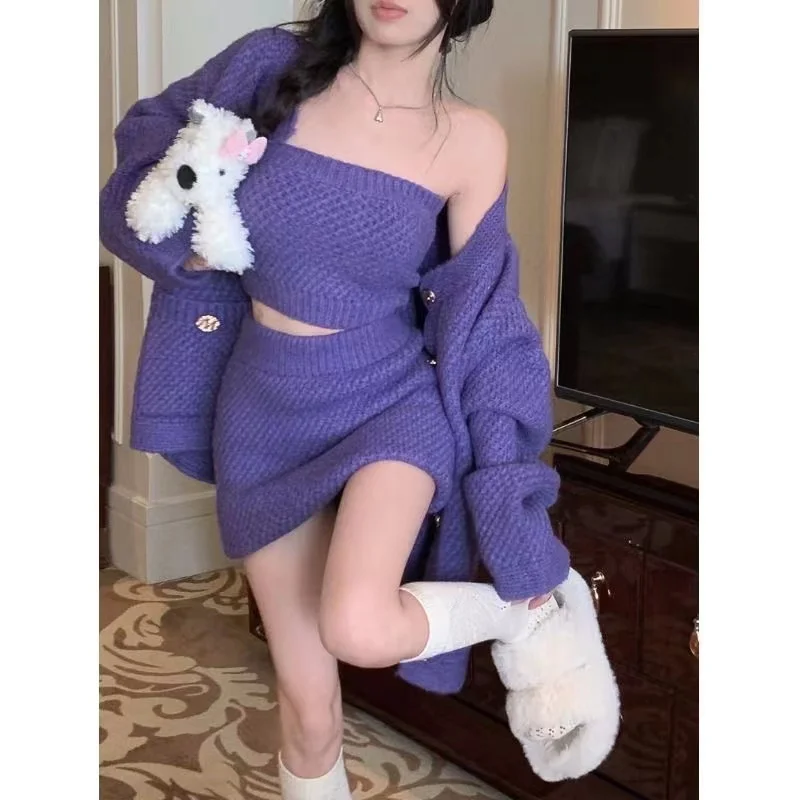 2023 Autumn Sweater Knitted Suits Female Elegant 3 Piece Dress Korean Fashion Even Party Y2k Mini Dress Office Lady Short Skirts