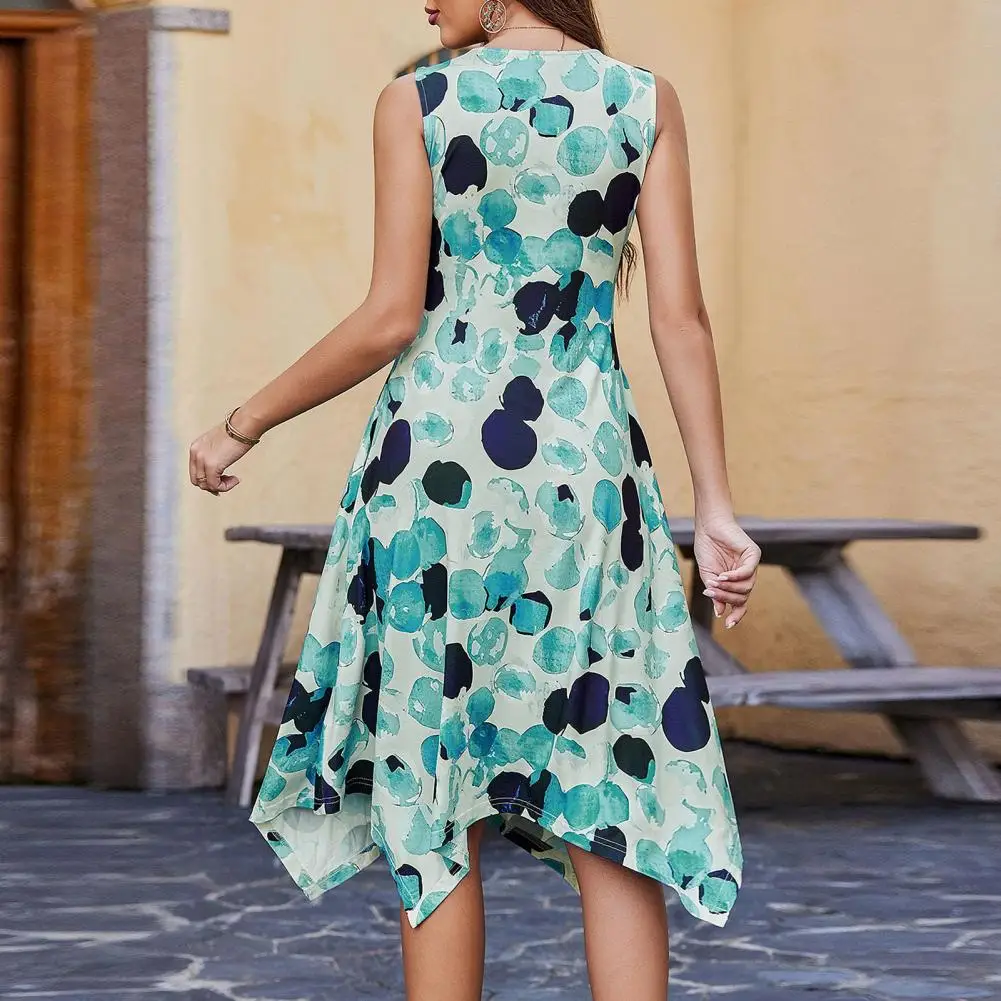 

Elegant Printed Dress Bohemian Style Sleeveless Midi Dress Casual Beach Sundress with Irregular Hem Women's A-line for Summer