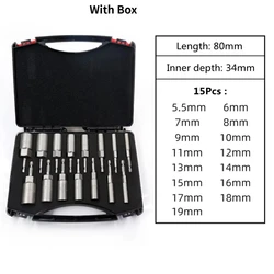 Powerful Hex Socket Nut Driver Set - 5.5mm to 19mm Nozzle Tools for Power Screwdrivers and Drills (15Pcs With Box)