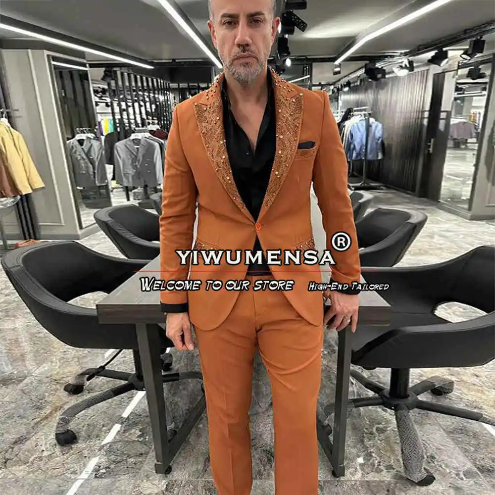 

Man Crystals Beaded Suits For Wedding Custom Made Single Breasted Blazer Pants 2 Pieces Luxury Groomsman Tuxedos Traje Hombre