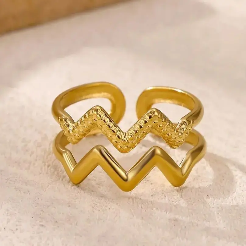 Fashion Geometric Double Wave Rings for Women Gold Color Stainless Steel