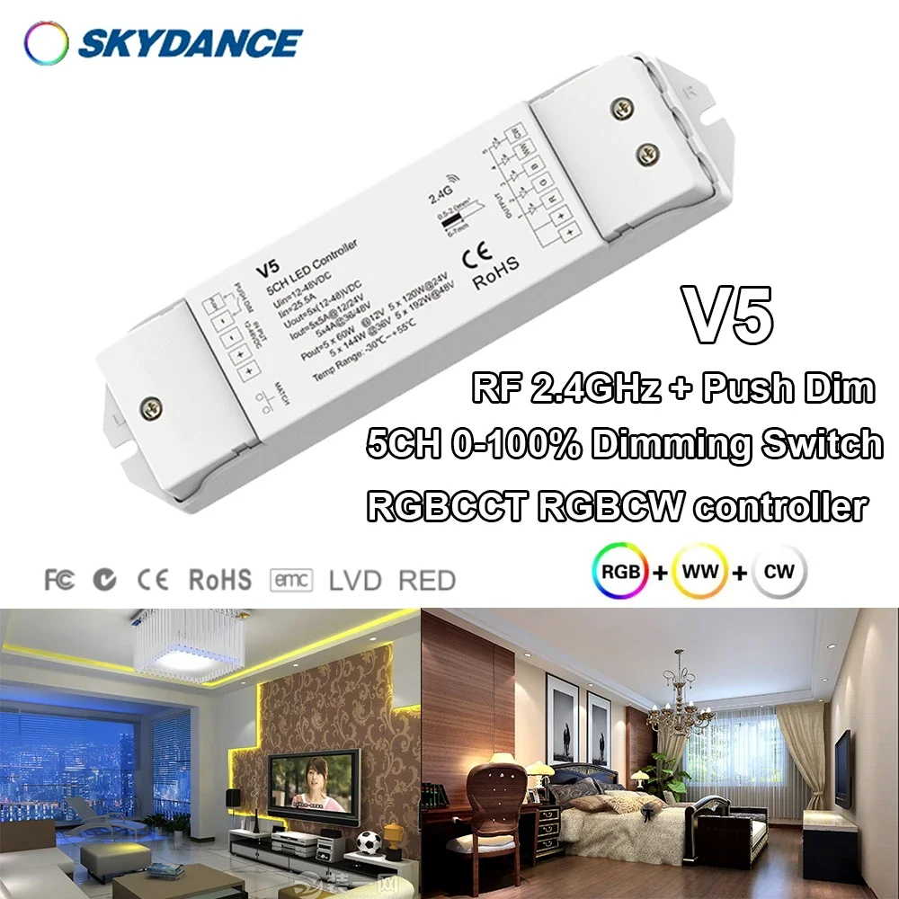 

DC12-48V V5 Constant voltage 2.4GHzRF+ Push Dim 5 Channel 0-100% RGBCCT RGBCW Dim Switch Controller for Light strip or Module