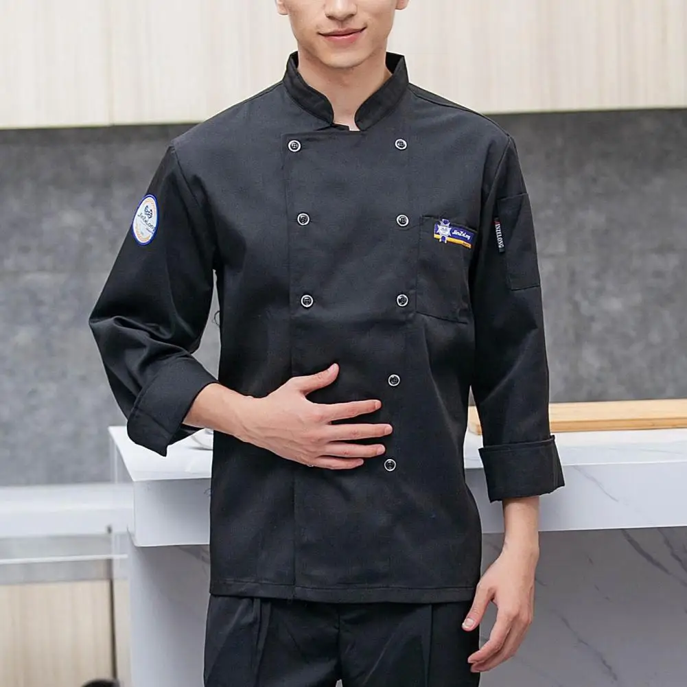 

Chef Top Solid Color Pocket Long Sleeve Chef Shirt Double-breasted Cooking Stand Collar Long Sleeves Cook Uniform Adult Clothes
