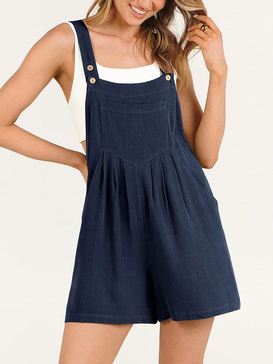 

Women's Casual Sleeveless V-Neck Jumpsuit with Adjustable Straps Side Pockets Comfortable Cotton Linen Romper Shorts for Yoga