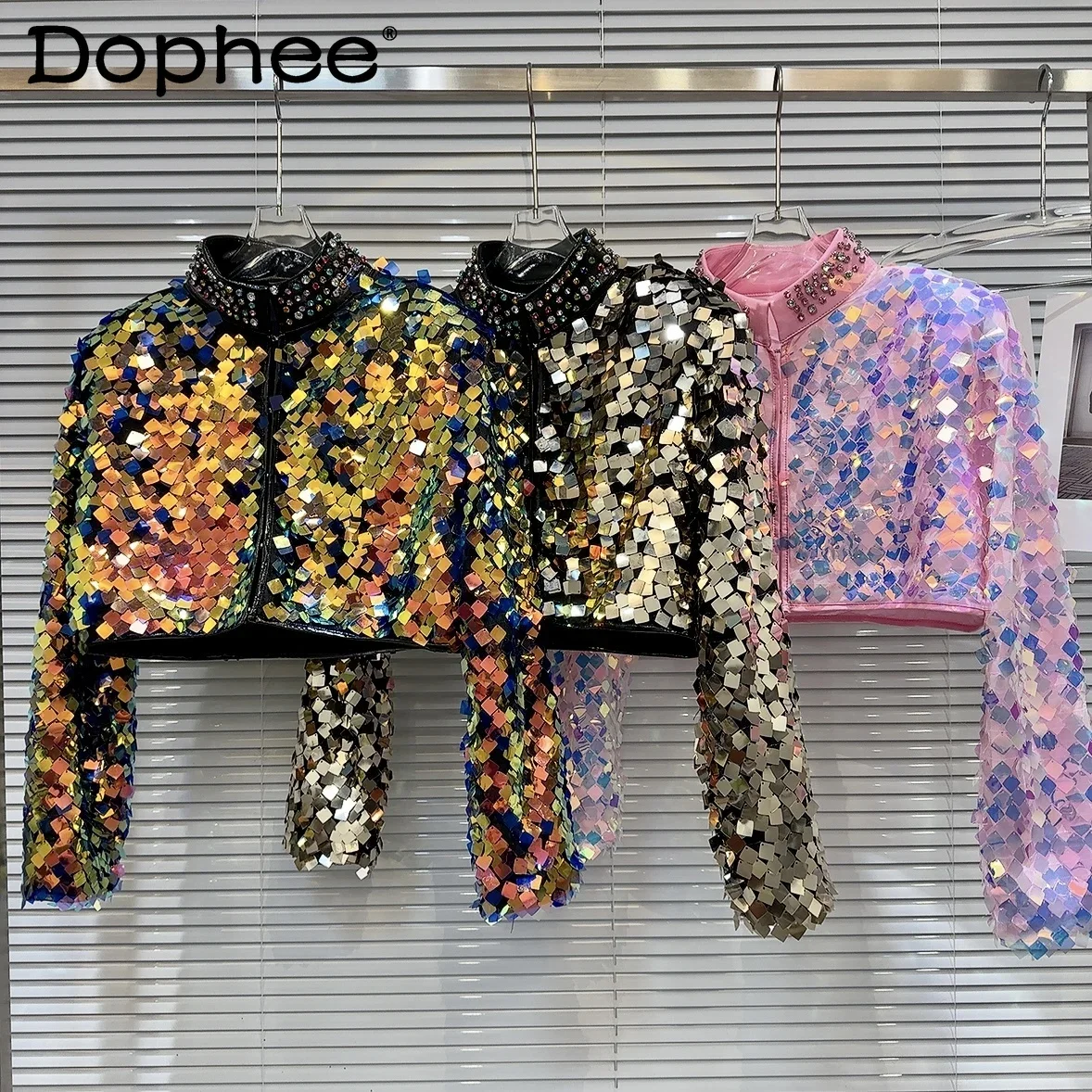 Color Gradient Sequin Short Coat Women 2023 Winter New Heavy Industry Rhinestone Stand Collar Long Sleeve Jacket Top Female color gradient sequin short coat women 2023 winter new heavy industry rhinestone stand collar long sleeve jacket top female