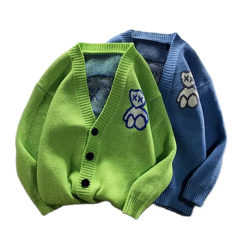 

Autumn Bear Cardigan Jumpers Men And Women Knitwear Fashion Streetwear Button Green Sweatercoat Korean Clothes Tops Male Female