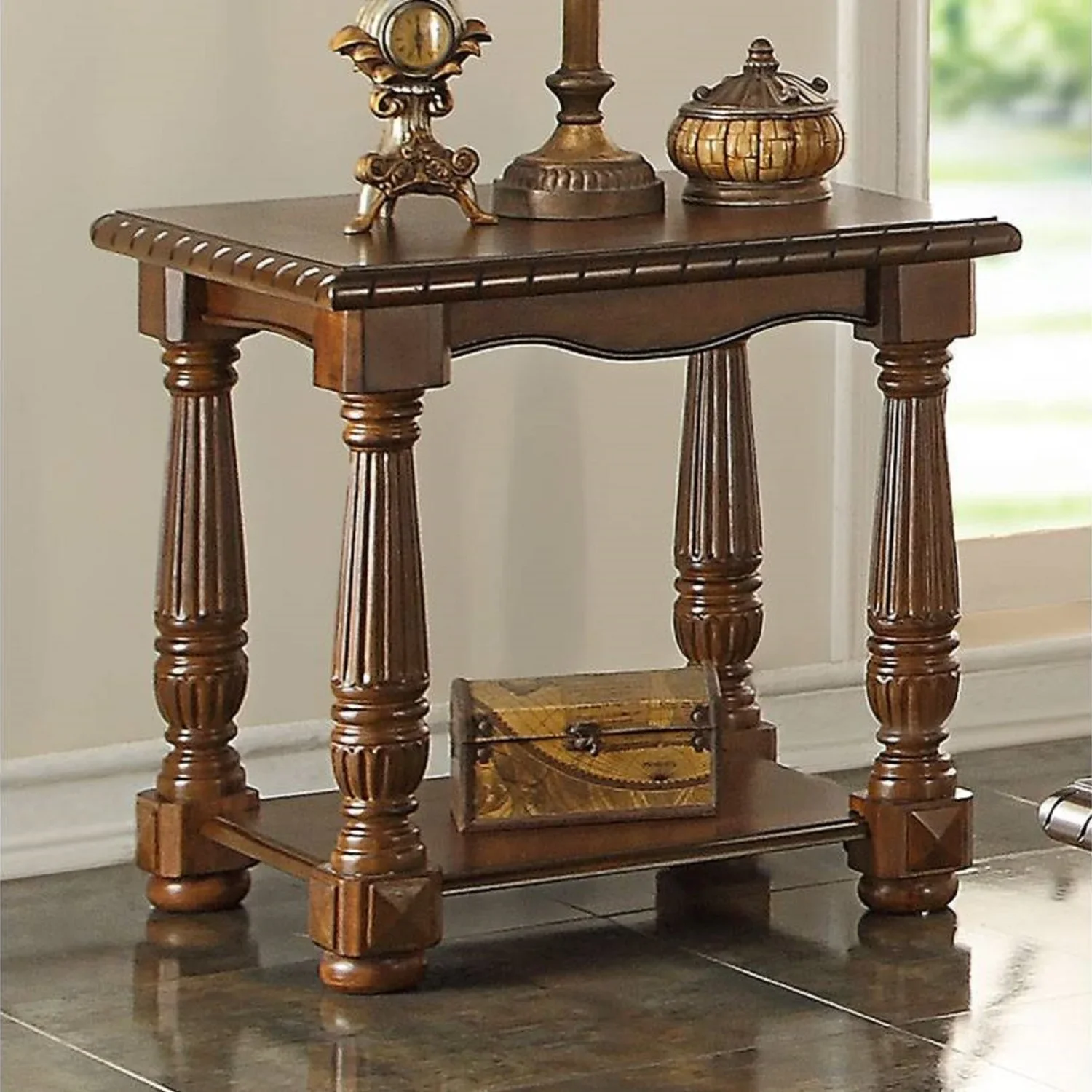 

Traditional Formal Look Wooden 1pc End Table Living Room Sofa Side Table Rubberwood Ash Burl Veneer