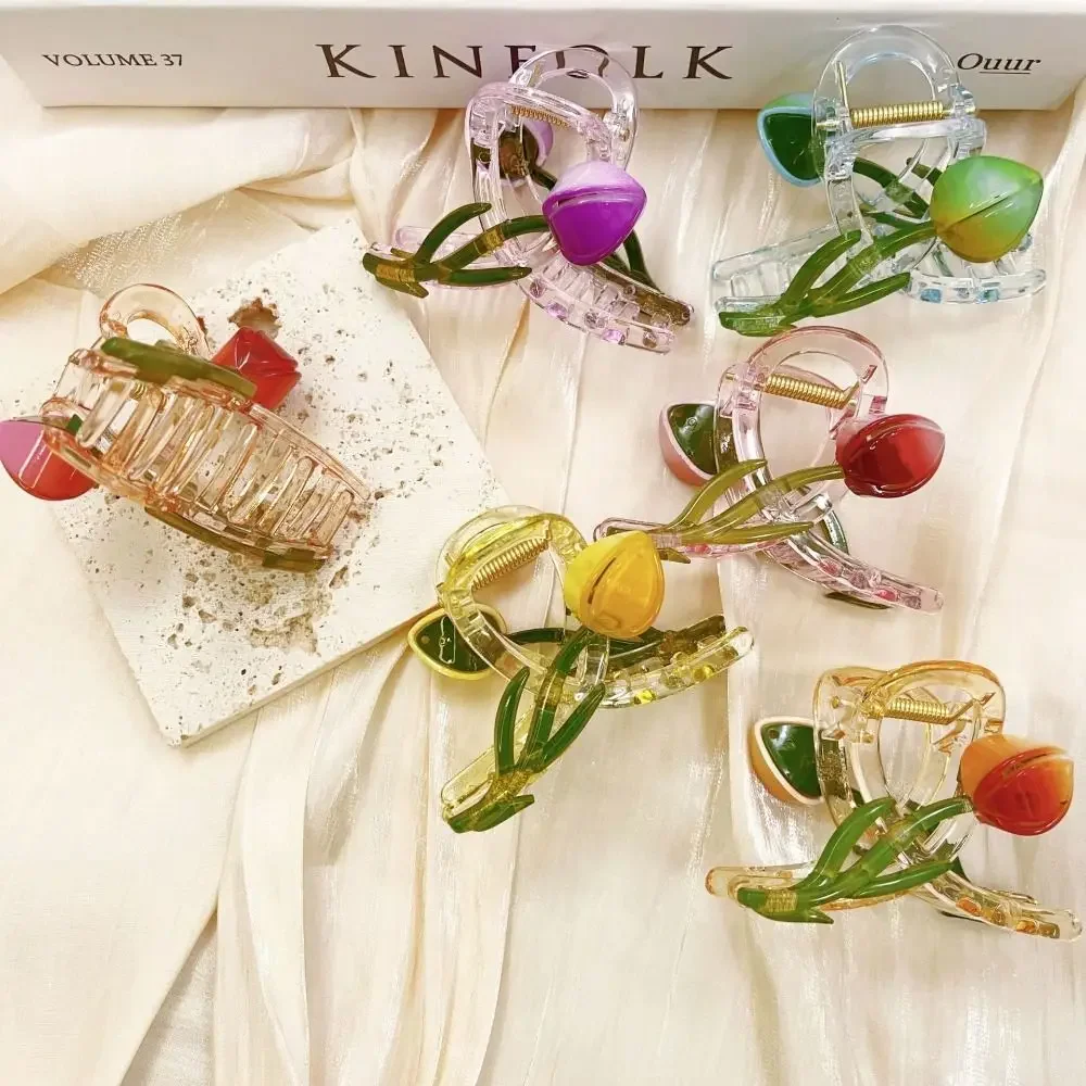 Fashion Tulip Flower Grasping Clip Lightweight Simple Design Hair Claw Non Slip High Ponytail Holders for Women Girls
