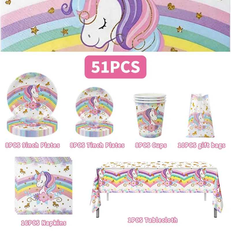 Einhorn-Party-Dekoration Pappteller Becher Servietten Tortendekoration 3D-Ballons Regenbogen-Einhorn Geburtstags-Party-Geschirr-Set für Kinder – Detail 3