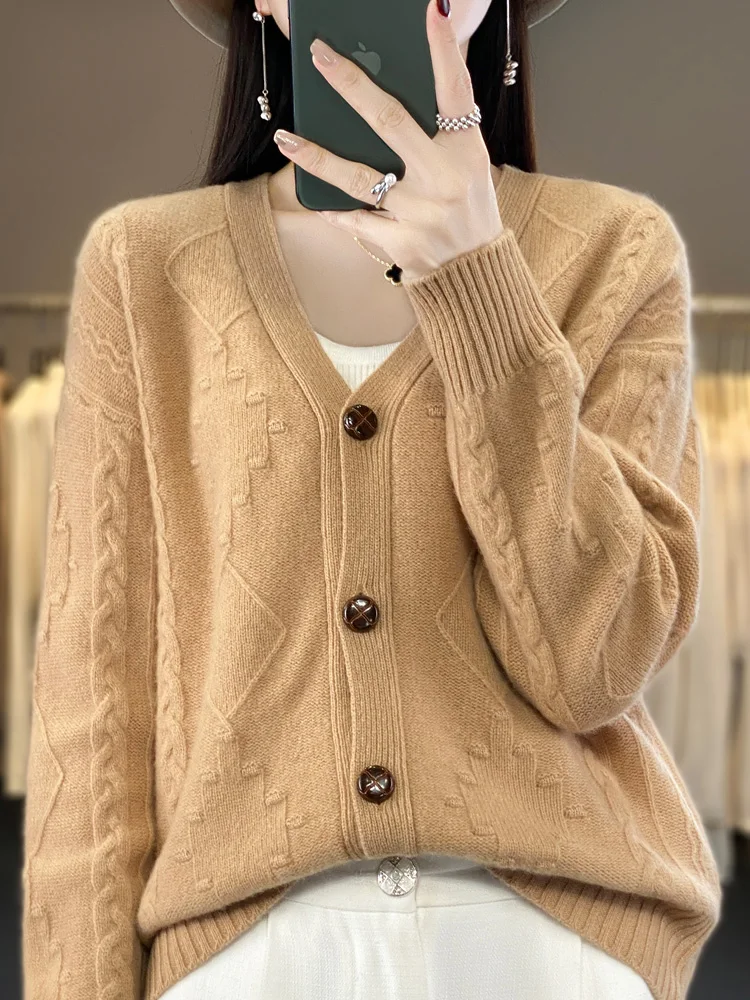 

Autumn Winter Women Thick Cardigans 100% Merino Wool Sweater V-neck Twist Casual Loose Cashmere Knitted Coat Korean Fashion Tops