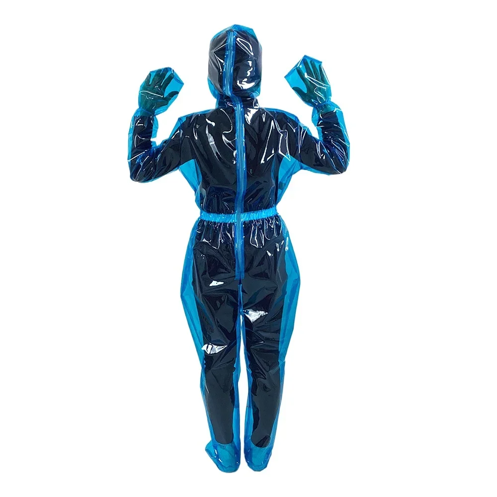 Fetish Plastic Full Body Suit Sexy See-through Clear PVC Long Sleeve Hooded Jumpsuit for Halloween Party Cosplay Costume