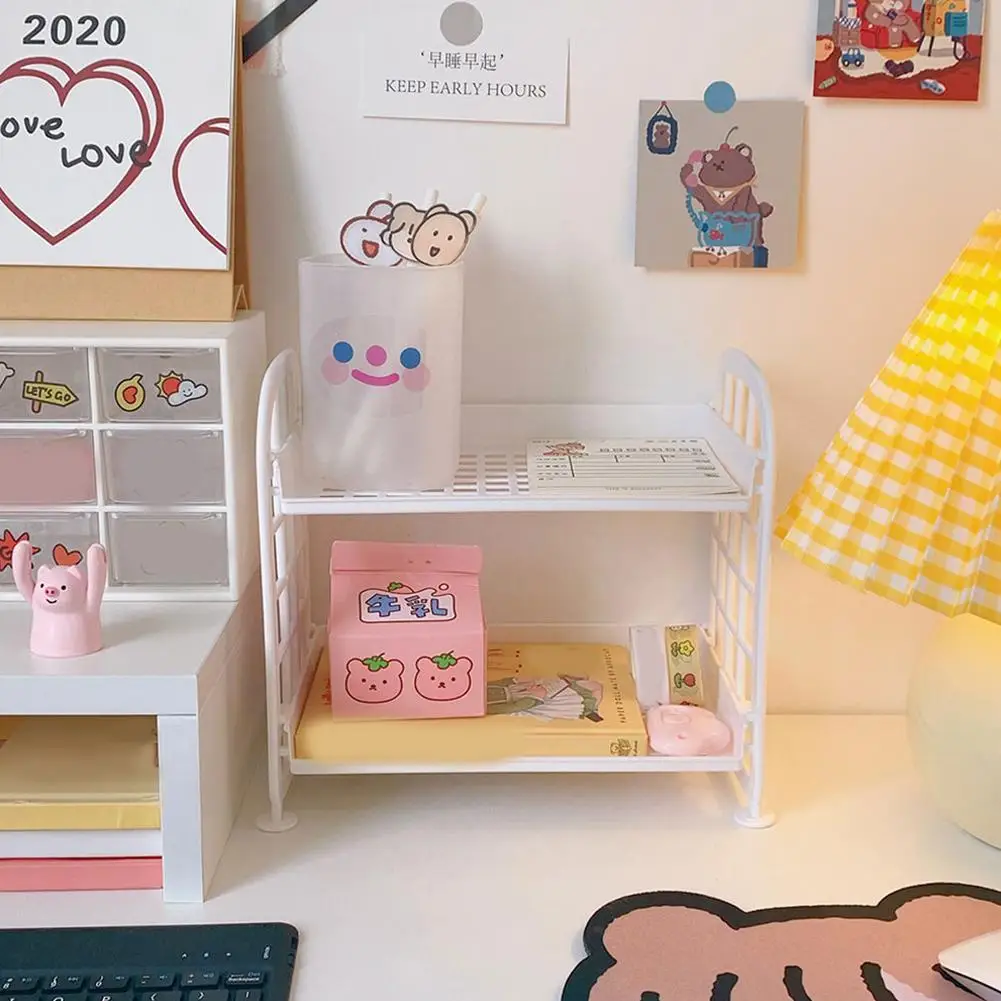 1PC PP Desktop Double Layer Storage Rack Rectangular White Organizing Student Desk Office Cosmetics Stationery storage racks