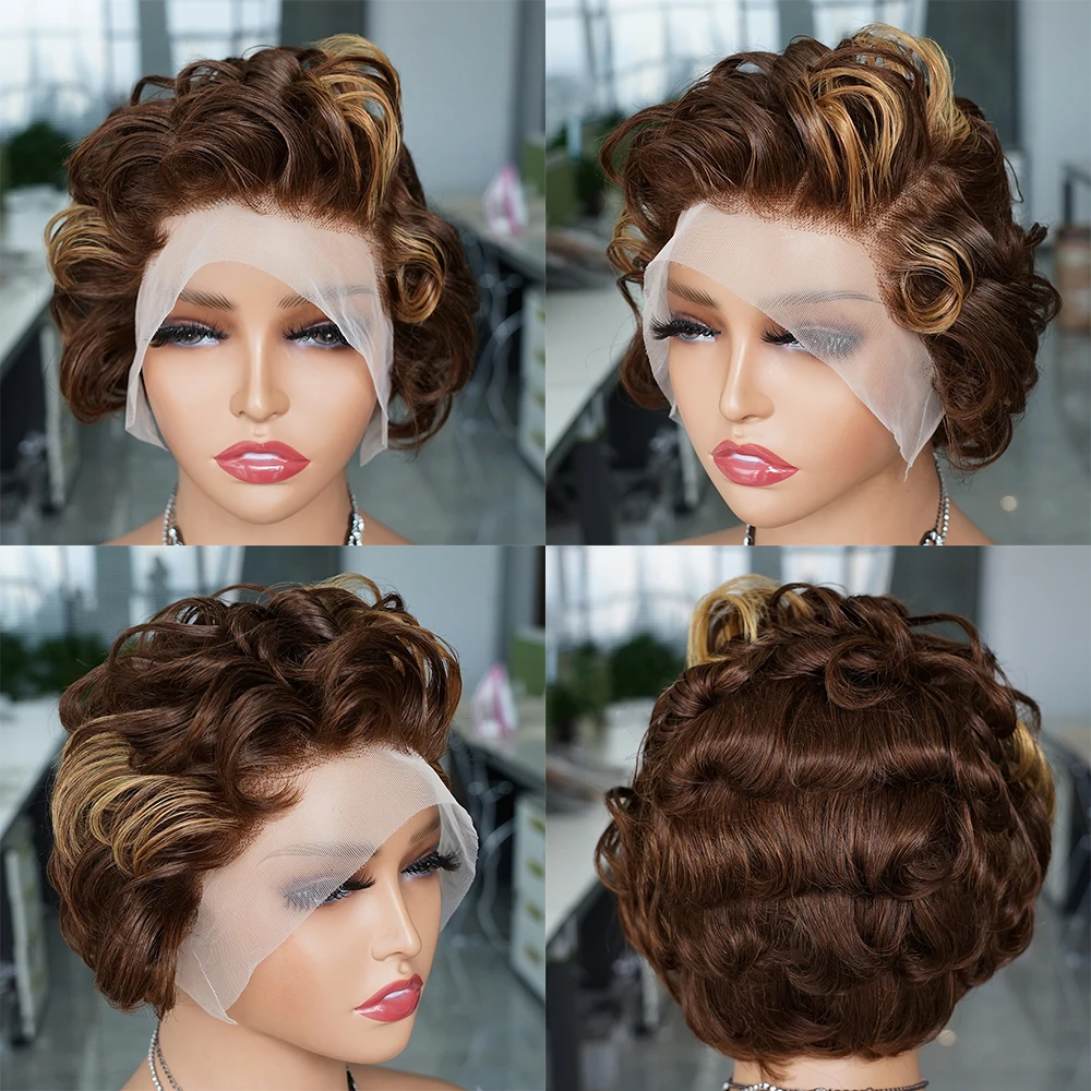 Pixie Cut Wig Short Curly Lace Front Human Hair Wigs For Black Women Indian Water Wave 13x4 Transparent Lace Frontal Wigs