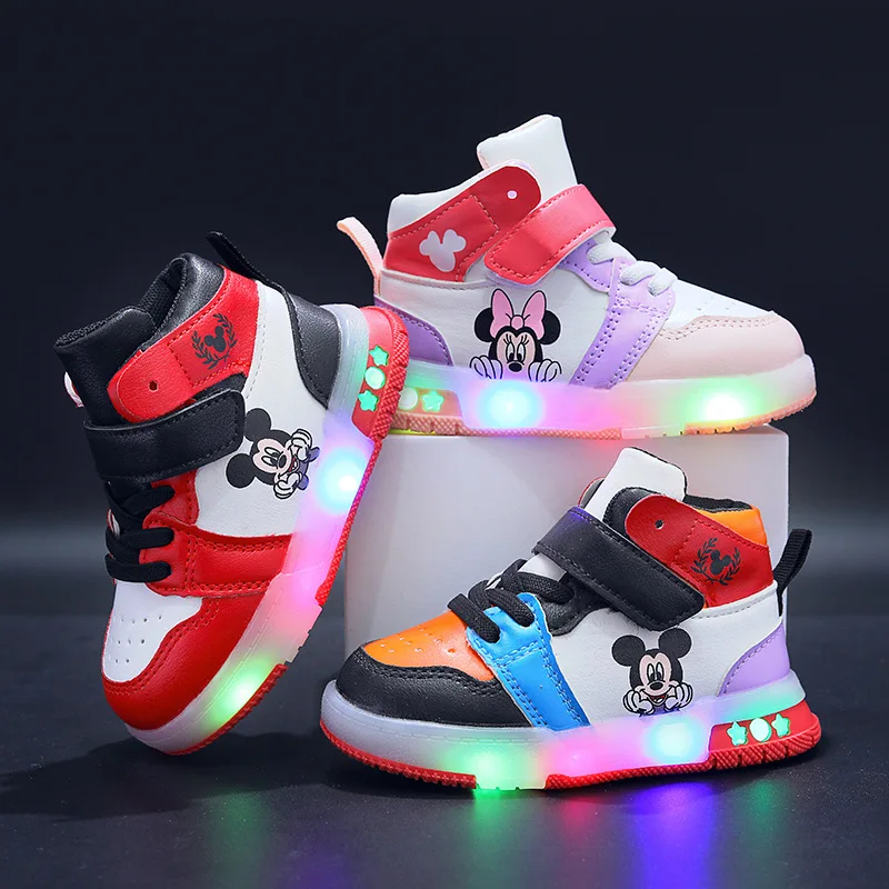 Kids Sneakers Disney Children's Sneakers Boys Girls Mickey Led Light Sport Shoes Student Shoes Hook Anti-slip Kids Outdoor Basket