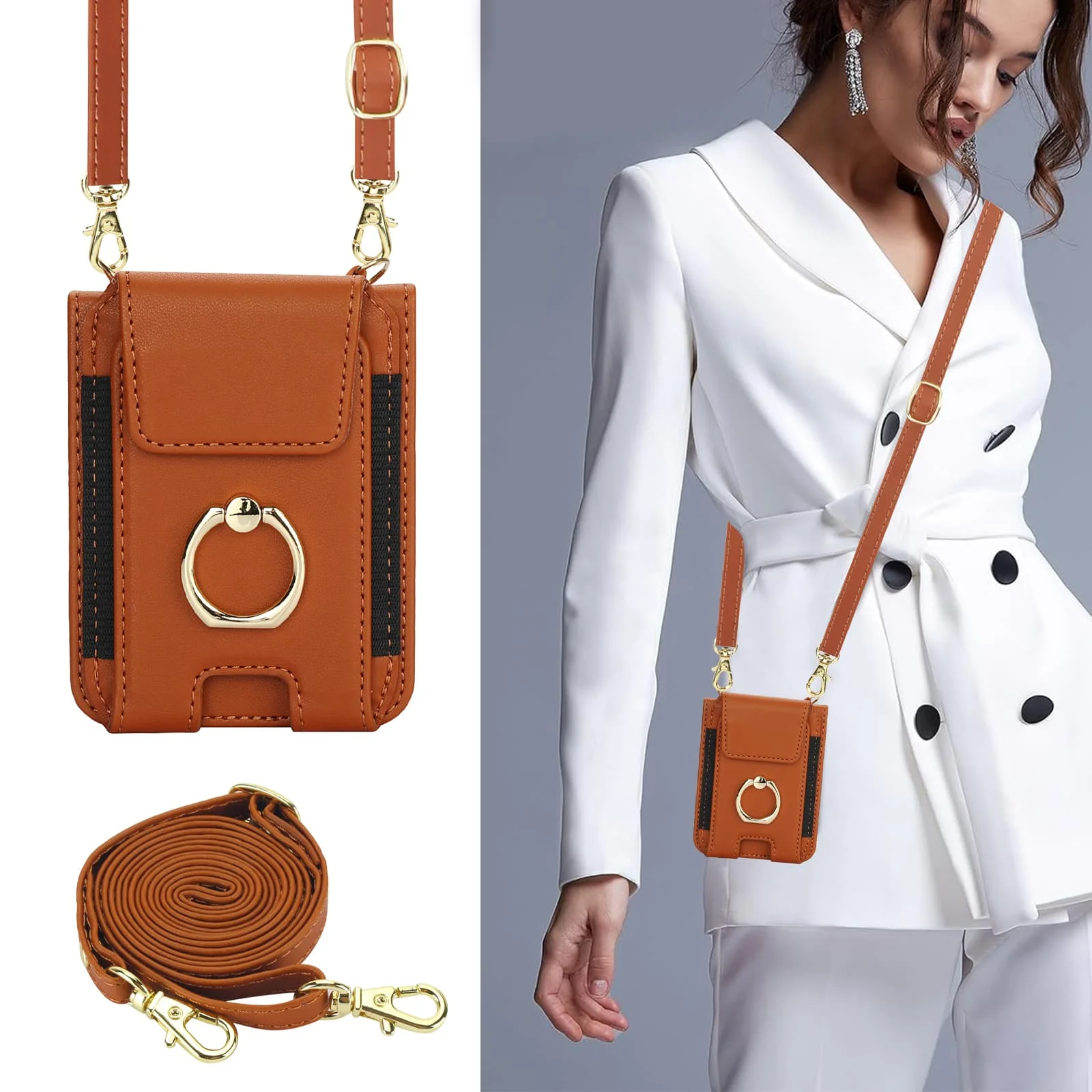 Crossbody Leather Wallet Case with Ring Holder & Card Slot - Long Lanyard Design