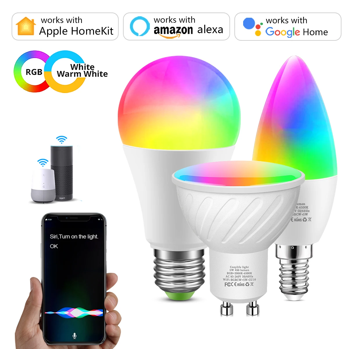 Homekit app controle wi fi inteligente lâmpada led gu10 e14 e27