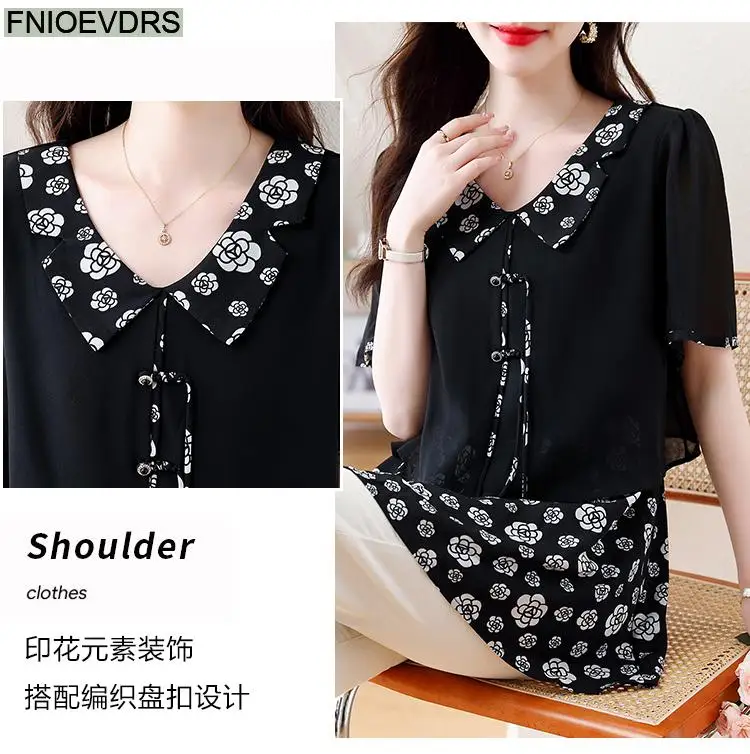 L-5XL Loose Clothes 2024 Women Summer Short Sleeve Elegant Ruffles Shirts Casual Retro Floral Tunic Peplum Tops And Blouses