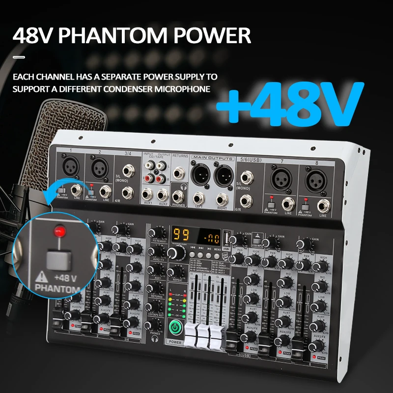 KP8 오디오 믹서 8채널 99개 DSP 이펙트 레코드 PC 48V 팬텀 파워 USB 사운드 믹서 블루투스 DJ 콘솔 믹싱 (노래방용)
