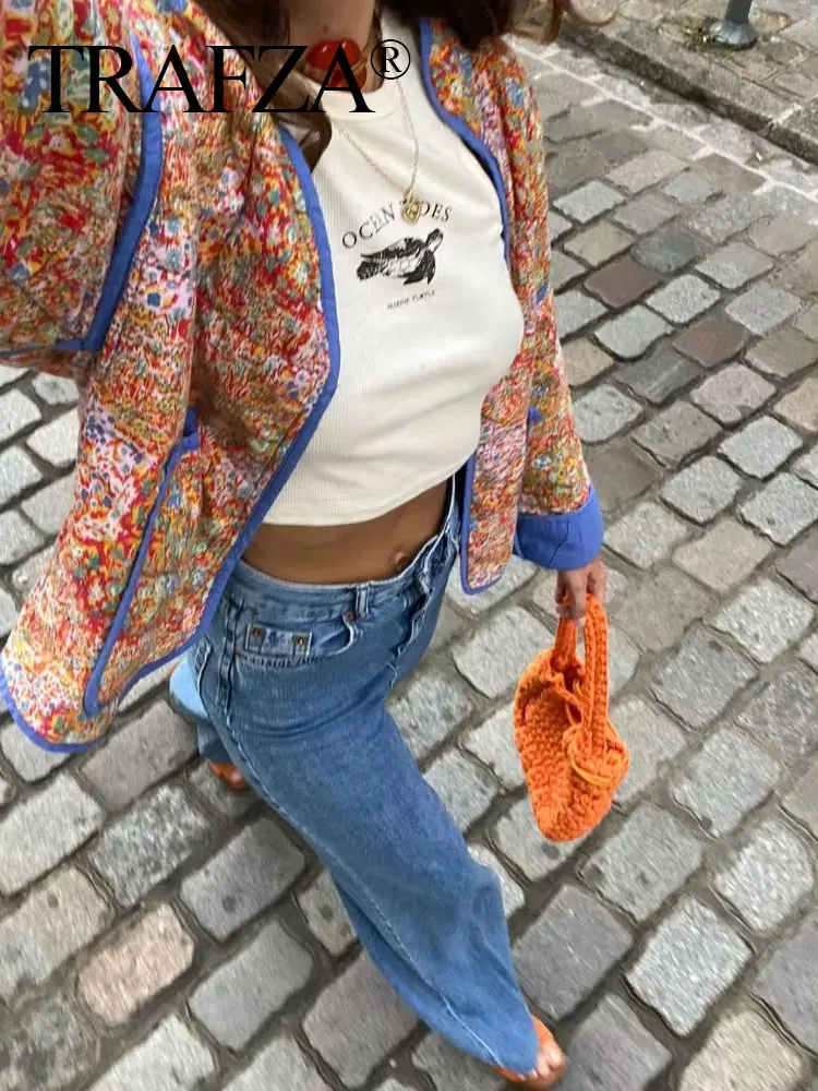 HH Women Casual Flower Print Stand Collar Jacket Pocket Long Sleeve Female Coat 2024 Autumn Vintage Lady Outwear