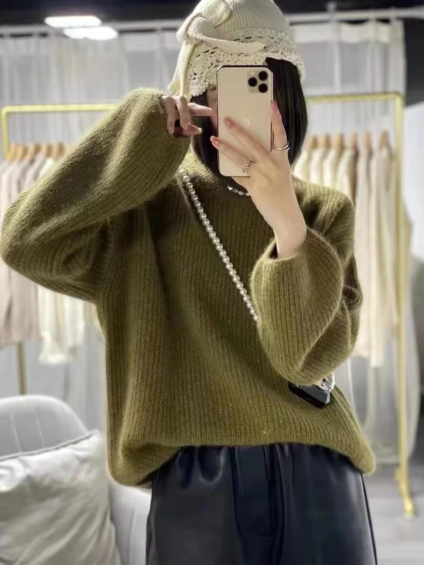 Cashmere Sweater Women O-Neck Bright dotsSweater Pure Color Knitted Pullover  Loose Lantern sleeve Cashmere Sweater Women