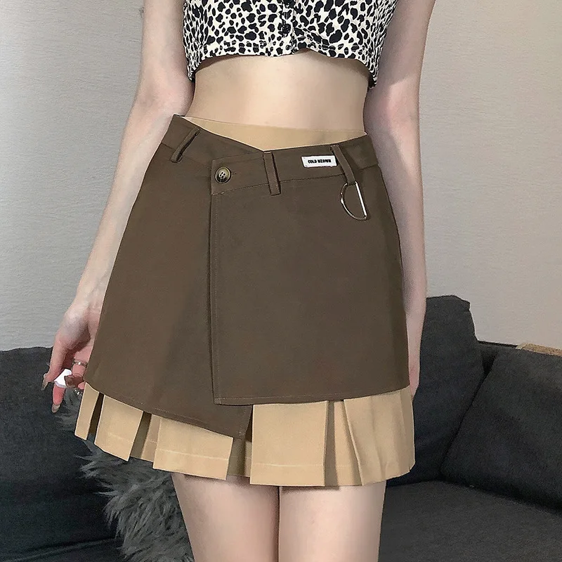 2022 New College Wind Brown Pleated Skirt Women's 2022 New Fashion High Waist Contrast Color Fake Two-piece Pleated Skirt tank tops leopard color block button fake two piece tank top in multicolor size l m s xl