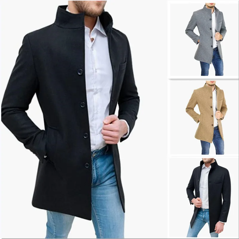 

2023 Europe And The United States Autumn And Winter Woolen Coat Stand-up Collar Coat Trench Coat Casual Solid Color Men's Europe