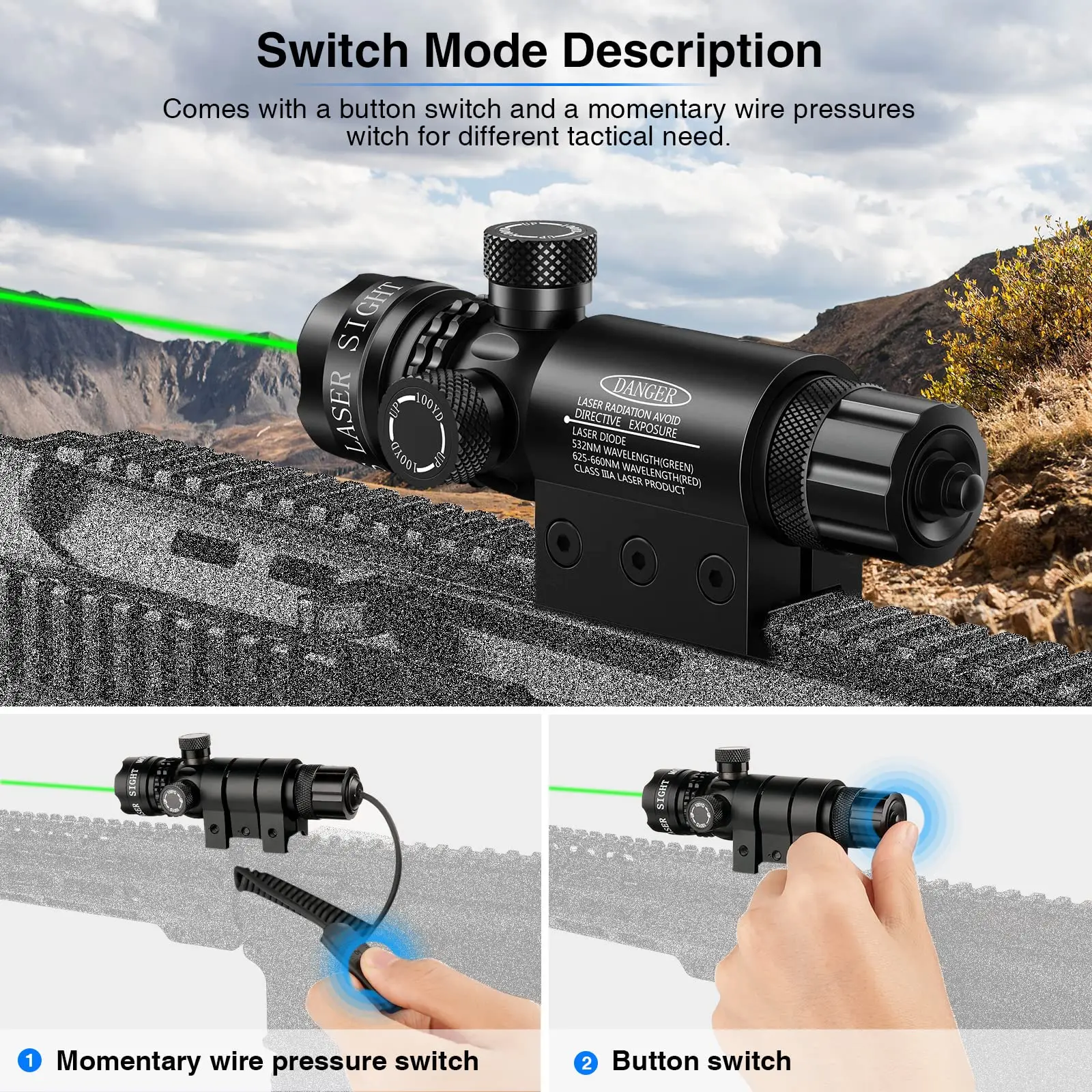 Green Laser Sight Green Dot 532nm Aluminum Scope with Pressure Switch Compatible with Picatinny and M-Lok Rail