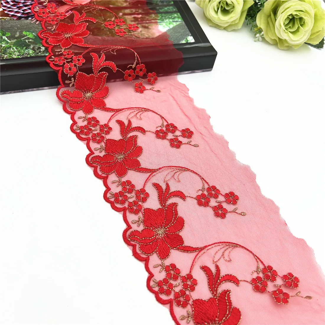 20y/lot Width 5Inch 13cm Red Gold Embroidery Floral Lace Trim Skirt Hem Underwear Sewing Material Craft DIY Apparel Fabrics Lace 2