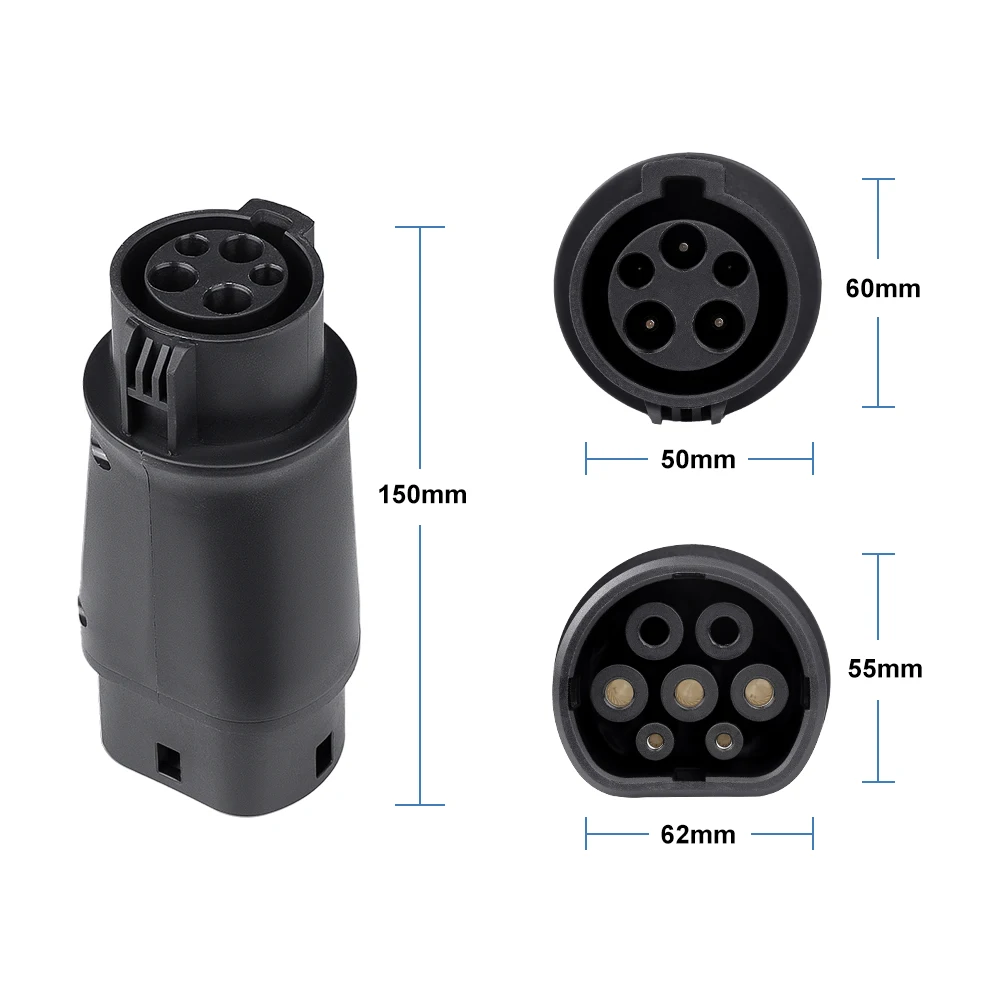 EV Charger Adapter Type1 to Type2 AC Charger Adapter 32A SAEJ1772 to IEC62196 Electric Vehicle Charging Converter Connector Plug