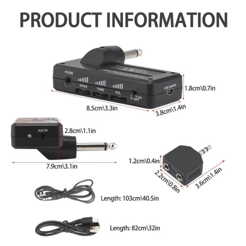 클래식 록 매니아를 위한 소형 기타 헤드폰 앰프 USB 충전식 3.5mm 입력 및 헤드폰 입력