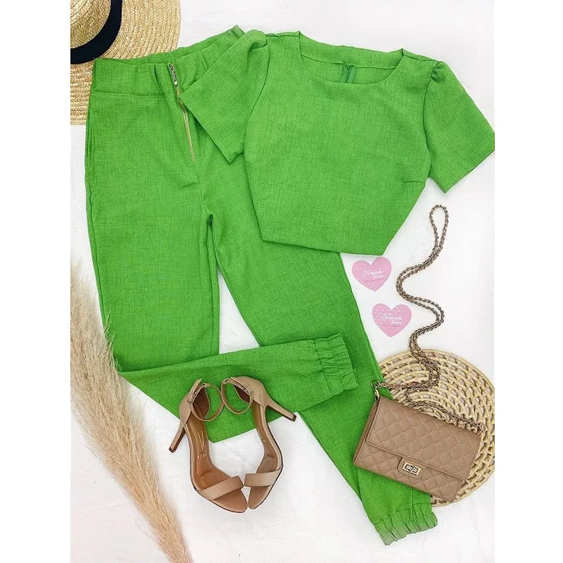 

New Fashion Women's Pants Set 2023 Spring and Summer Casual Set Round Neck Short Sleeve Shirt High Waist Leggings Two Piece Set