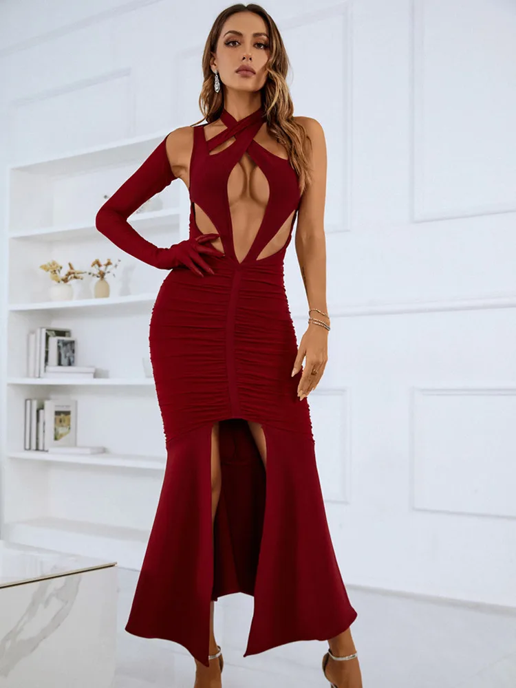 

2023 New Designer Fashion Burgundy Cut Out Single Sleeve Long Mermaid Bandage Dress Women Celebrity Evening Club Party Going Out