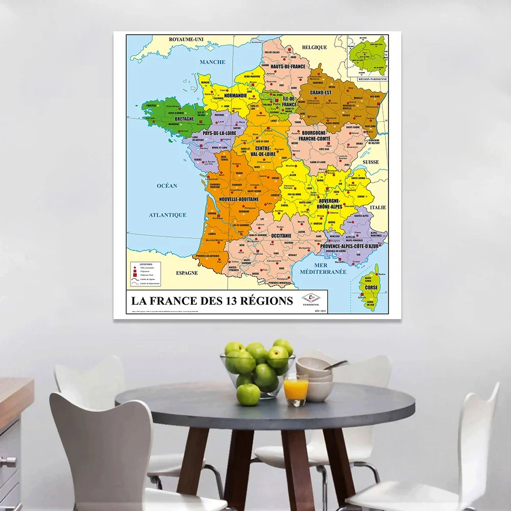 France Political Map in French Vinyl Wall Poster Non-woven Canvas Painting Classroom Home Decor School Supplies 150*150cm world map poster