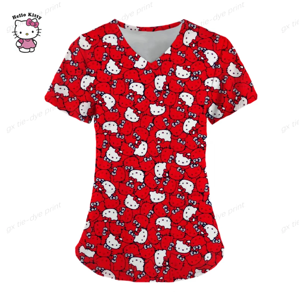thumbnail image 1 of Uniforme de Hello Kitty para mujer, camisa de trabajo de enfermera con estampado de dibujos animados de Hello Kitty, bata con bolsillo, uniforme de enfermería para Navidad, 1 of 5