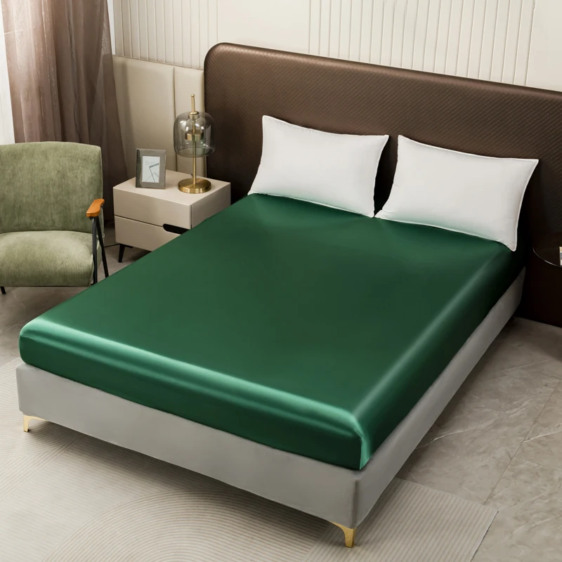 Smooth Fitted Bed Sheet for Summer Satin Silk Bed Sheet Ice Cooling Twin/Full/Queen/King Size Bottom Sheets Green Color Bedsheet 2
