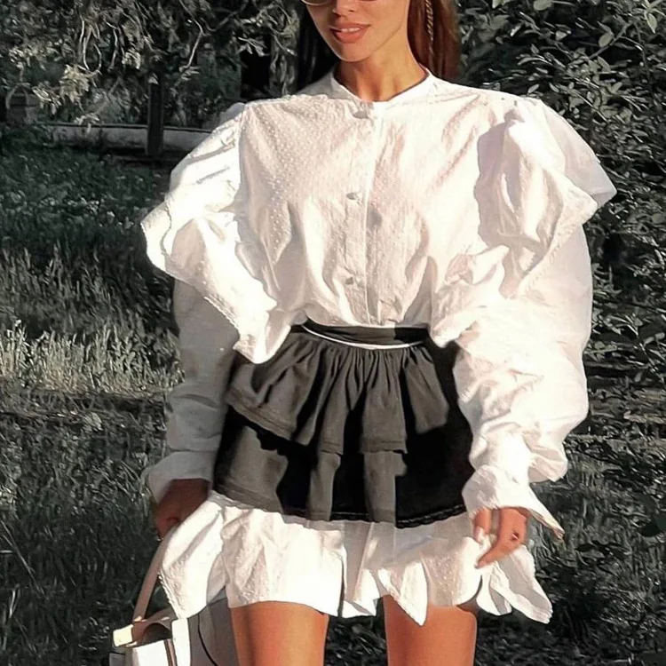 Ruffled Flare Sleeve Shirt Dress For Women With High Waisted Shorts Contrast Color Patchwork Mini Party Dress Autumn New