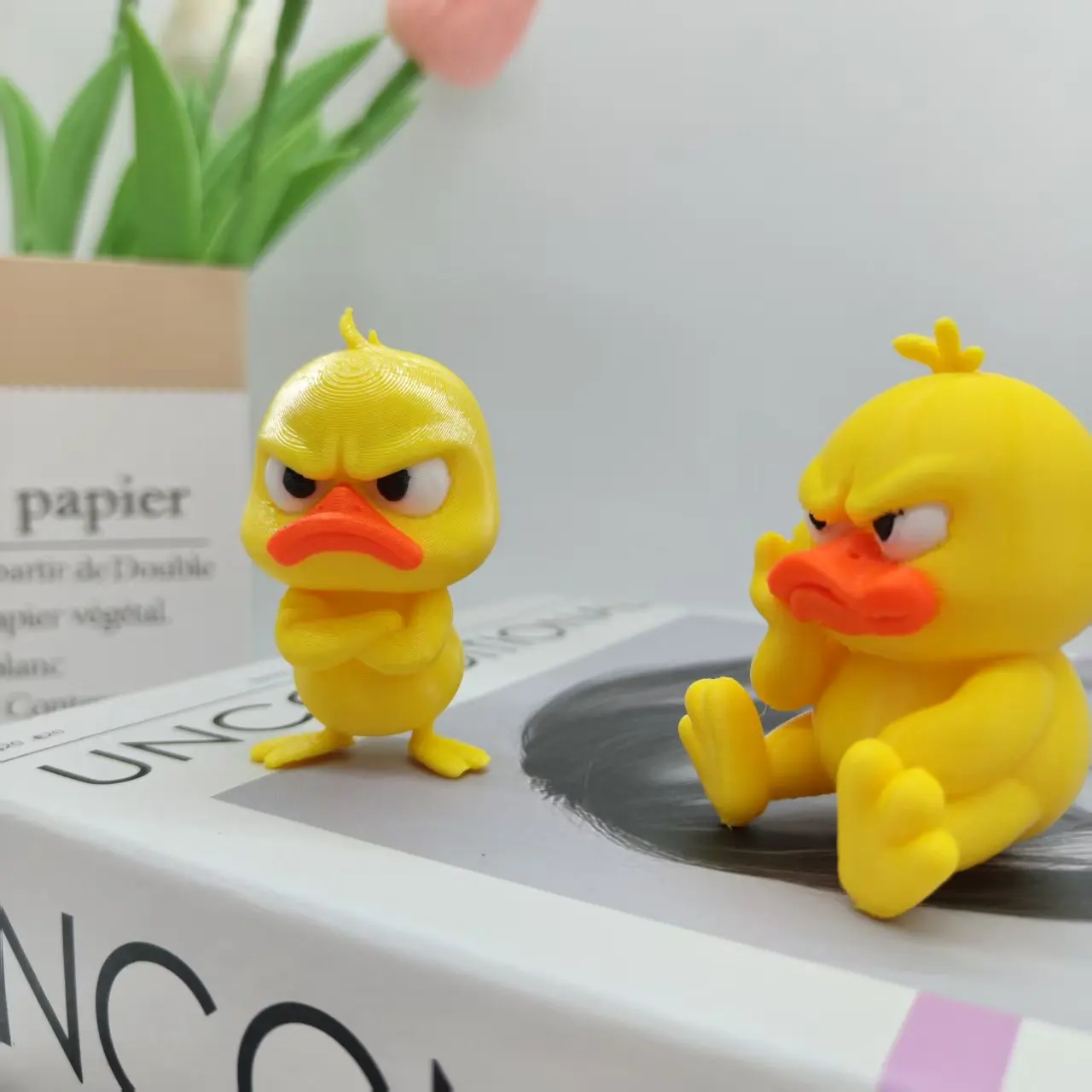 3D Printed Angry Yellow Duck Statue Funny Home Car Decor White Eyed Duck Model Figurines & Miniatures