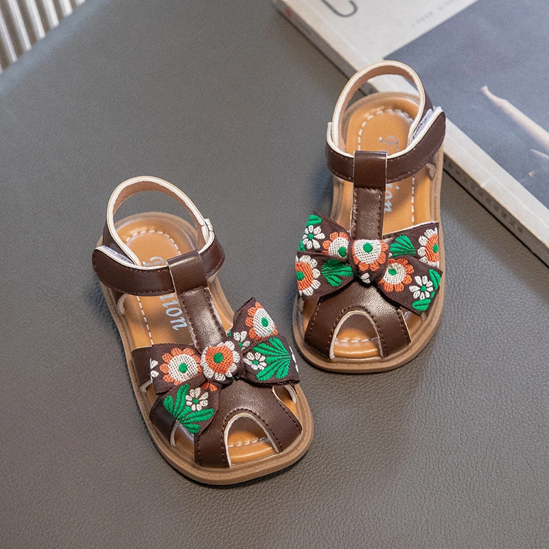 

Girls Sandals 2023 New Peep-toe Bow Hook & Loop Children Versatile Casual Shoes Flats Breatheable Simple PU Non-slip Kids Shoes
