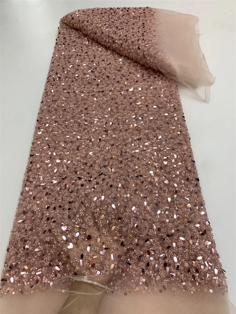 

Luxury African Handmade Beaded Lace Fabric 2023 High Quality French Embroidery Nigeria Net Lace Fabrics for Sewing