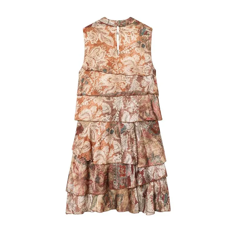 Women Fashion Printed Layering Ruffles Short Dress 2025 Summer New Street Sleeveless Mini Dress Elegant Holiday Party Dresses