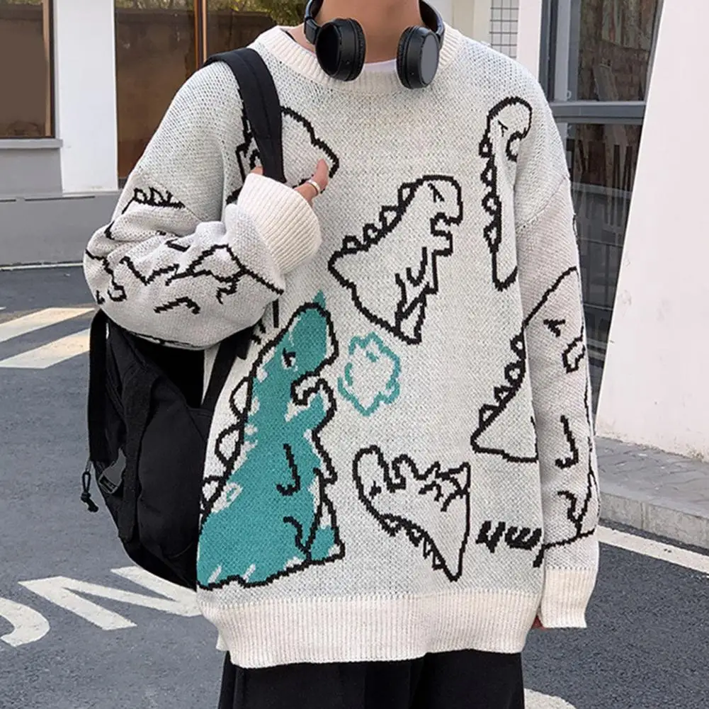Mens Cartoon Penguin Knitted Sweater Streetwear Harajuku Vintage