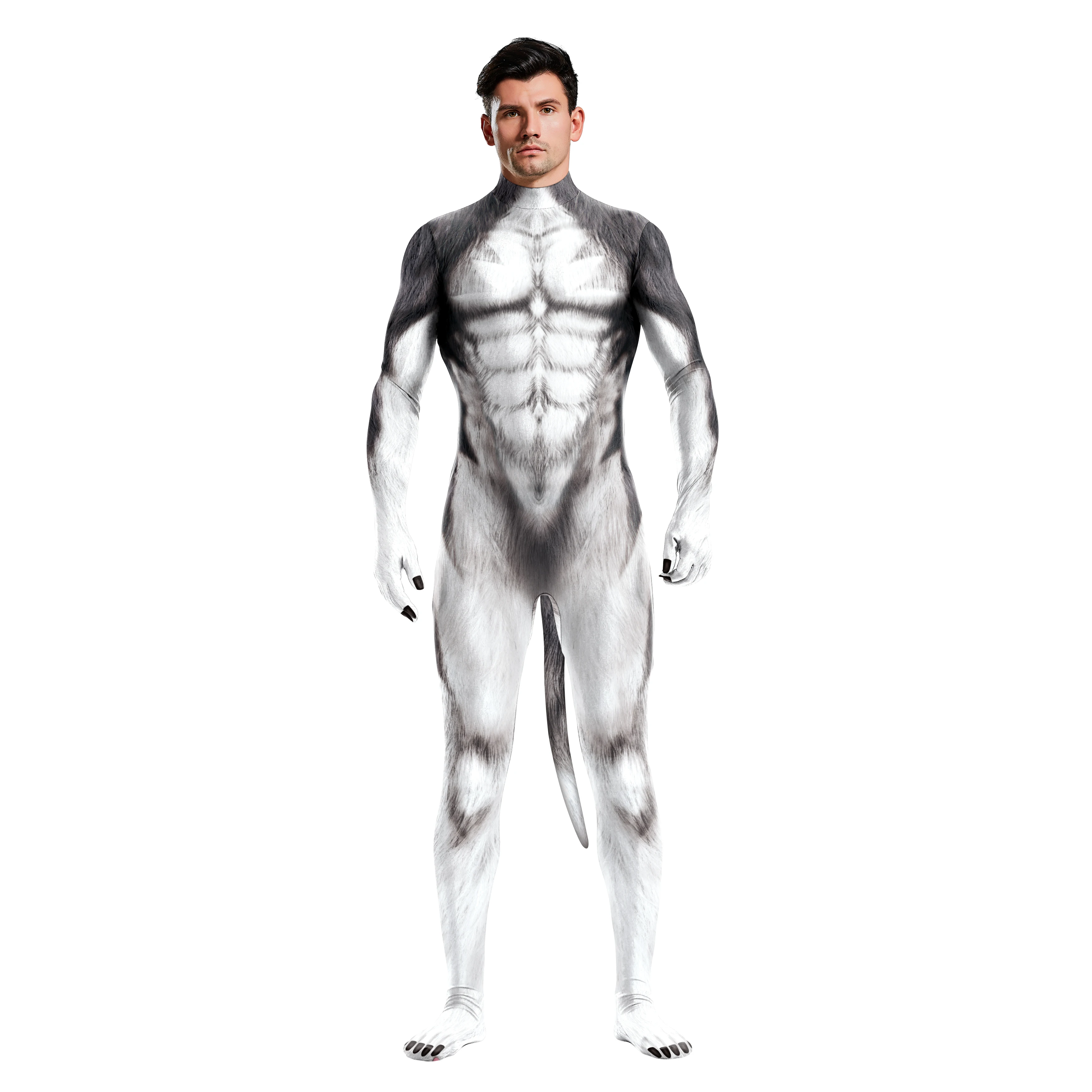 Zawaland Cosplay Animal 3D Print Petsuit Tail Furry Costume Crotch Zipper Jumpsuit Men Zentai Bodysuit Halloween Clothing
