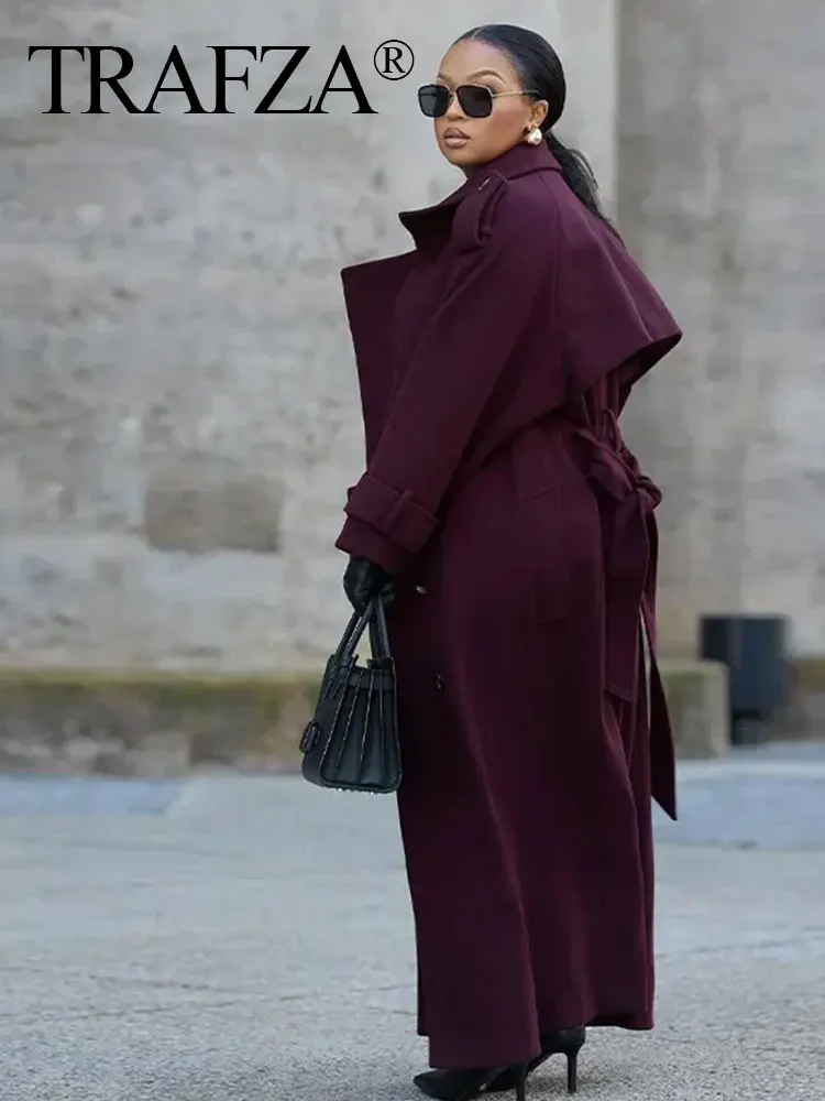 HH Women Elegant Wine Red Coat With Belt Lapel Full Sleeve Double Breasted Lady Overcoat Autumn Winter Female Outwear