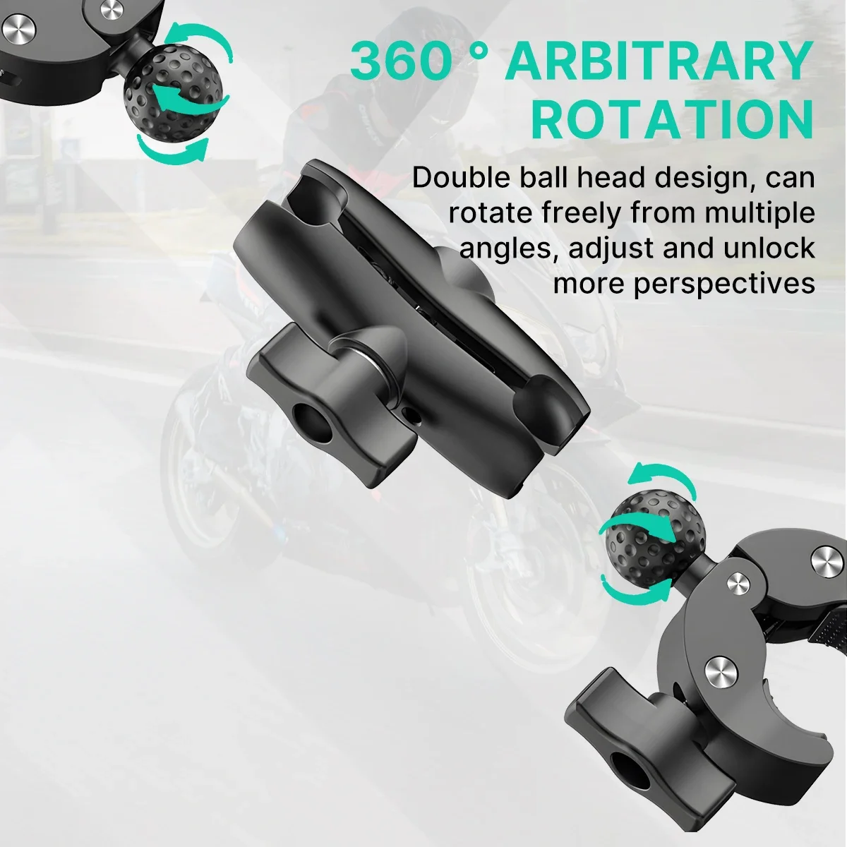 Support double pince pour GoPro Insta360, bras de 12 pouces avec caméra fixée, vue sur un vélo. Achetez Support Double Pince pour Caméra GoPro Insta360 - Fixation Vélo Moto.
