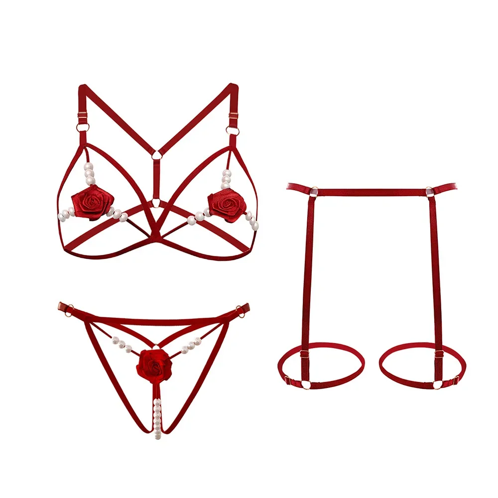 Sexy Lingerie Women's Lolita Open Sleepwear Pearl Rose Bra Sexy Bodysuit Women Pajama 3Pcs Set Ladies Babydoll Maid Costume